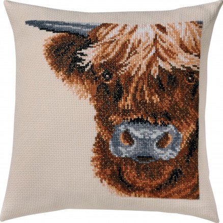 Permin Broderisett Aida pute skotsk høylandsk ku 40x40cm
