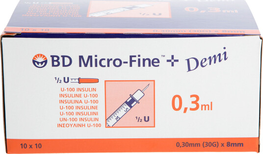 BD Microf-Fne sprøyter, 0,3 ml x 8 mm, 100 stk. BD Microf-Fne sprøyter, 0,3 ml x 8 mm, 100 stk.