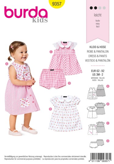 Burda 9357 - Kjole & Shorts EUR: 62-92, US 3M-2