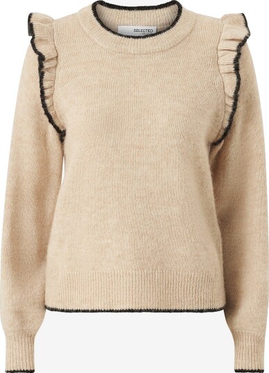 Selected FEMME - Genser slfAlva Frills LS Knit O-neck - Beige Selected FEMME - Genser slfAlva Frills LS Knit O-neck - Beige