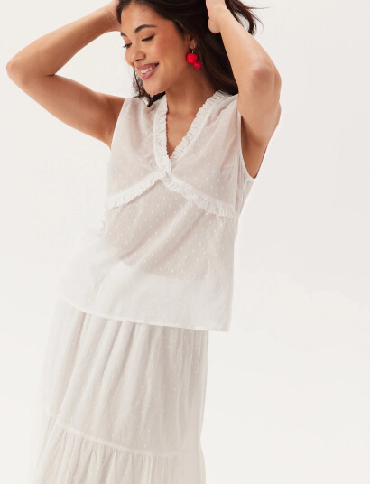Bubbleroom Cotton Dobby Dot Blouse - White - 40-42