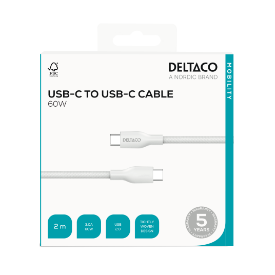 DELTACO USB-C - C, 2m, USB 2.0, white braided, SPR 3A/60W