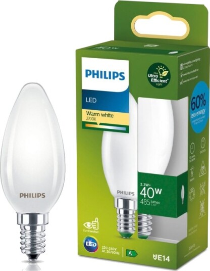 Philips LED E14 Kron B35 2,3W 40W Frostad 485lm 2700K Energiklass A