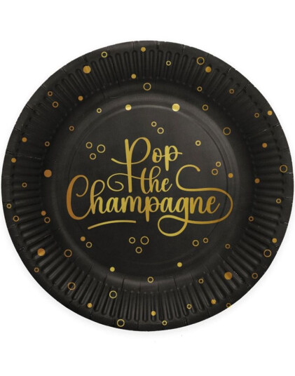 8 stk Pop the Champagne - Svarte Papptallerkener 23 cm