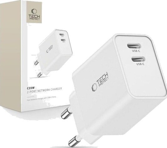 Tech-Protect 35W 2x USB-C PD Nettlader - Hvit