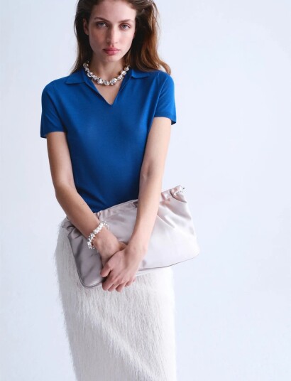 Mango Fine Knit Lyocell Polo Shirt Blue L Mango Fine Knit Lyocell Polo Shirt Blue L