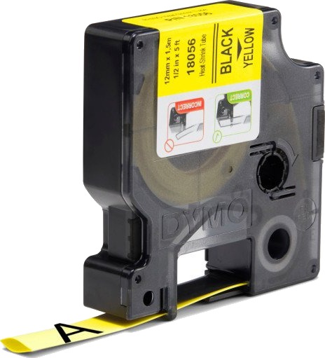 DYMO Rhino krympestrømpe, 12 mm x 1.5 m, sort på gul