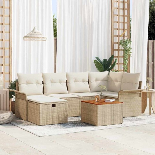 7-delt hagesofa med puter Beige Poly Rattan
