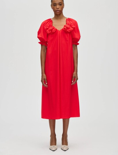 STINE GOYA Solid Viscose Puff Sleeve Detail Long Dress   Red   M
