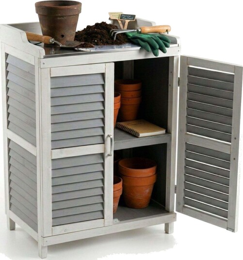 Plantebord med metallplate og oppbevaringsskap Plantebord med metallplate og oppbevaringsskap