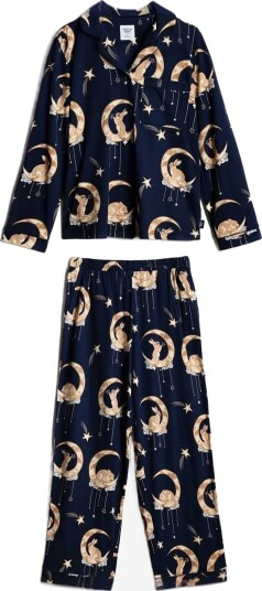 Chelsea Peers Lunar Bunny Print Button Up Long Pyjama Set   NAVY   18