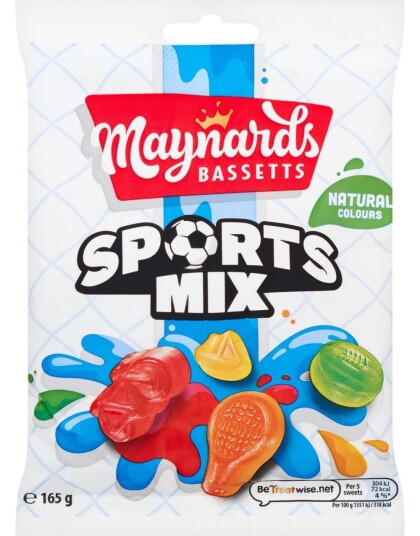 Pose med Maynards Bassetts Sports Mix Fruktsmakende Vingummi Formet som Sportsutstyr 130 gram