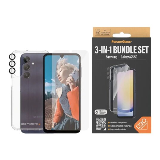 PanzerGlass Samsung Galaxy A25 (5G) PanzerGlass 3-i-1-Bundle m. EasyAligner - Skjermbeskyttelse (UWF) / D3O Bio Hardcase-deksel / Hoops Kamerabeskyttelse - Gjennomsiktig / Svart
