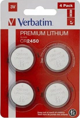 Verbatim CR2450 Litium Knappcellebatterier 4-Pack 3V Verbatim CR2450 Litium Knappcellebatterier 4-Pack 3V