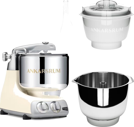 Ankarsrum Assistent Original AKM 6230 kjøkkenmaskin med iskremtilbehør og ekstra vispeskål light creme