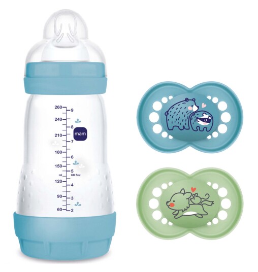 MAM Original Silikon Smokker 16-36m 2-Pack & Easy Start Tåteflaske Anti-kolikk 260 ml Blå MAM Original Silikon Smokker 16-36m 2-Pack & Easy Start Tåteflaske Anti-kolikk 260 ml Blå