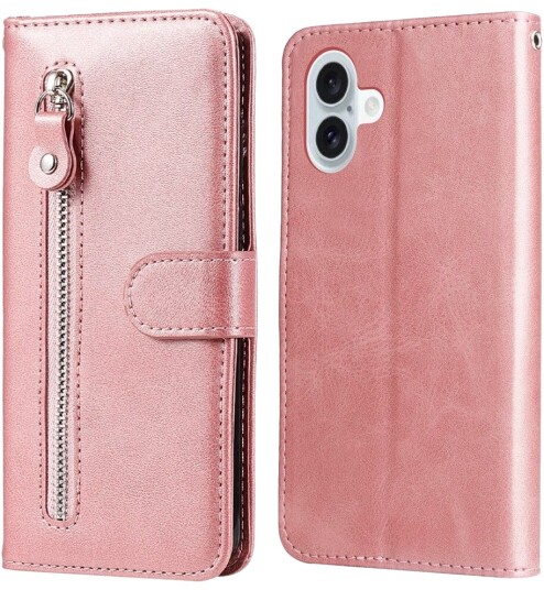 Trolsk Lommebokdeksel med Glidelås og Stativfunksjon (iPhone 16 Plus) Rosa