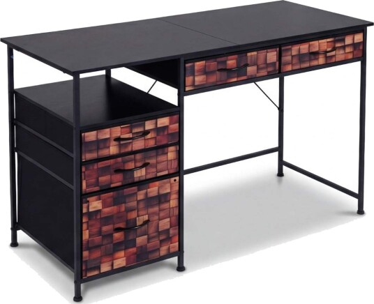 Skrivebord med 5 stoffskuffer – kompakt PC bord brunt
