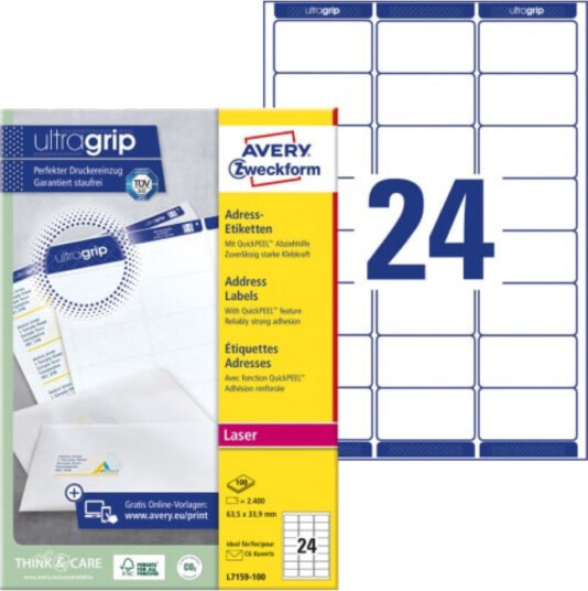 Avery-adresseetiketter med QuickPEEL™ og Ultragrip 63,5 x 33,9 mm 2400-etiketter hvit SAV-L7159-100