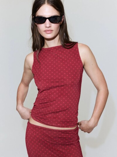 Mango Polka Dot Print Tulle Top Red M Mango Polka Dot Print Tulle Top Red M