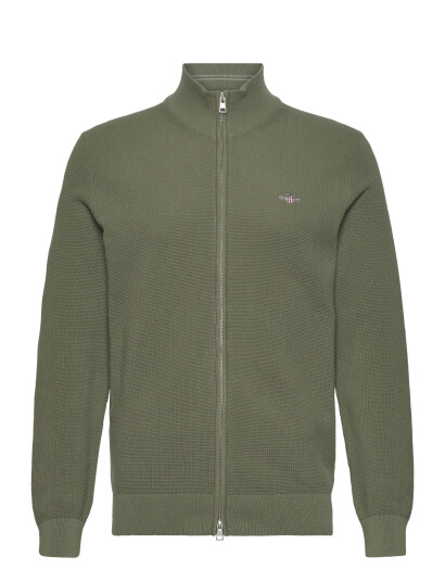 GANT Micro Textured Cotton Zip Cardigan   Khaki green   S
