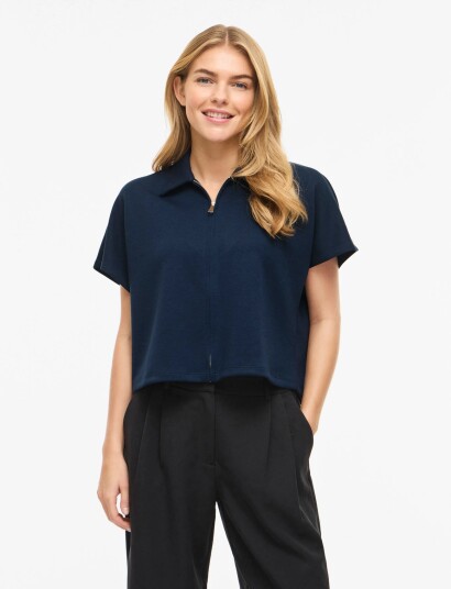 Vila Visiffi Collar S/S Zipper Top/Pb   Navy   L
