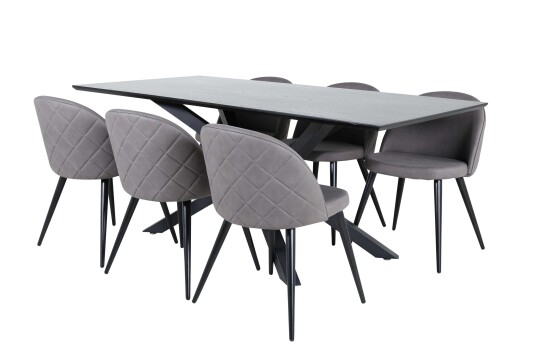 Venture Design Piazza & Velvet spisegruppe Grå/svart 6 stoler & bord 180 x 90 cm