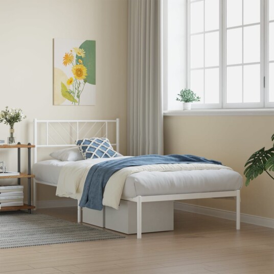 vidaXL Sengeramme i metall med hodegavl hvit 107x203 cm 8721012190030