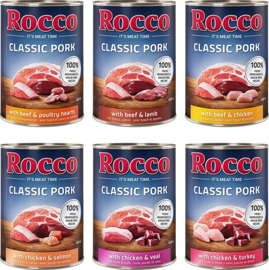 Rocco Våtfôr Classic Pork Mix Kalv Kyllinghjerter Laks Kylling Kalkun Lam Storfe 6 X 400 G