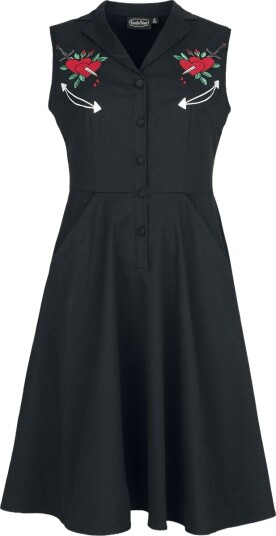 Voodoo Vixen   Rockabilly Kort kjole   Heart & Dagger Brodert Flare Kjole   S til 4XL   Damer   svart