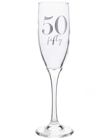 50 ÅR   Champagneglass med Sølvfarget Tekst og Motiver i Gaveeske 22 cm