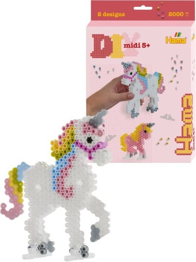 Hama Midi 3D Enhjørning eske med 2000 perler og perlebrett