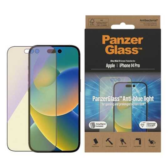 PanzerGlass iPhone 14 Pro PanzerGlass AntiBacterial Ultra Wide Fit Beskyttelsesglass- Easy Aligner - Anti-Blue Light - Diamond Strength - Gjennomsiktig
