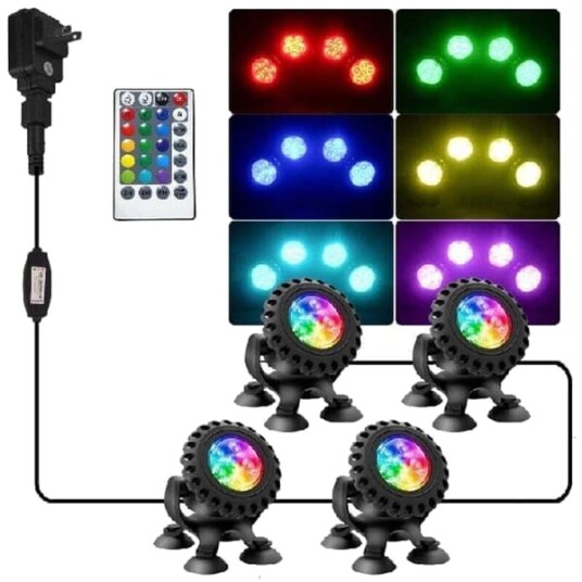 Vanntett RGB LED Undervannslys med Fjernkontroll IP68 4 i 1 for Akvarier Bassenger Hager Fontener