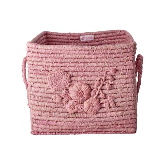 RICE Raffia firkantet kurv med blomsterbroderi rosa