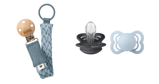 BIBS Pacifier Supreme 2 PACK Iron/Baby Blue Size 1 + Pacifier Clip Braided Petrol/Baby Blue Onesize Bundle