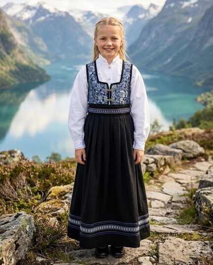 Salto Oline Festdrakt til jente med blå/sølv vest hvit skjorte 7 år 122 cm Salto Oline Festdrakt til jente med blå/sølv vest hvit skjorte 7 år 122 cm