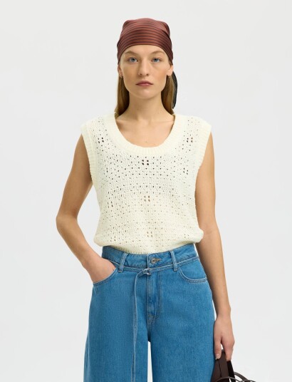 Selected Slfkarla Sl Knit U Neck Top   Cream   XL