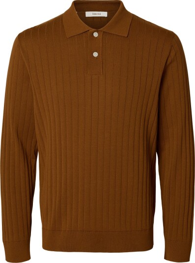 Selected Slmtorino Ls Knit Rib Polo Noos Brown XL