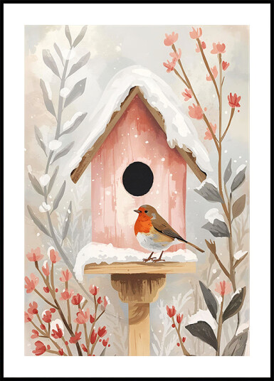 Vogelhaus mit Rotkehlchen und Pflanzen Plakat Plakat / 21x30cm Vogelhaus mit Rotkehlchen und Pflanzen Plakat Plakat / 21x30cm