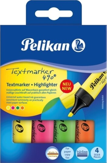 Pelikan Textmarker 490, 4 Stykker, Grønn, Oransje, Rosa, Gult, Multi, Vann-Basert Blekk, Boks