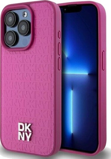 DKNY MagSafe-lærdeksel til iPhone 15 Pro med monogrammønster - Rosa