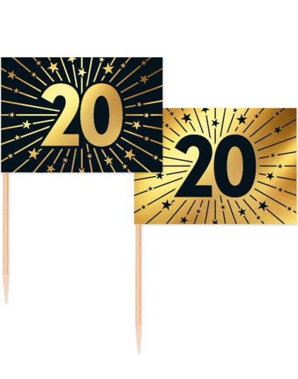 50 Stk 20 år Mat/Kakeflagg 6,5 cm - Svart og Gull 50 Stk 20 år Mat/Kakeflagg 6,5 cm - Svart og Gull