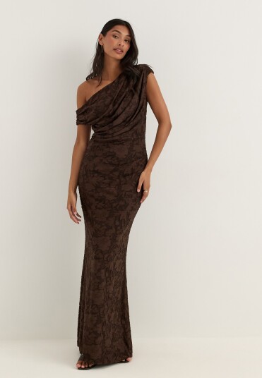 Bubbleroom Occasion Asymmetric Draped Floral Burnout Maxi Dress