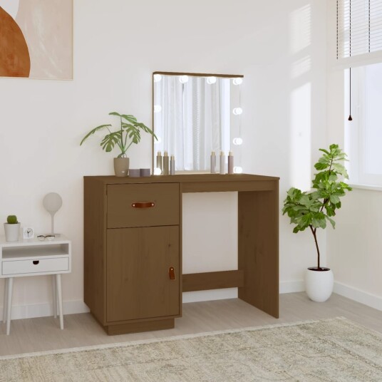 vidaXL Sminkebord med LED honningbrun 95x50x133,5 cm heltre furu
