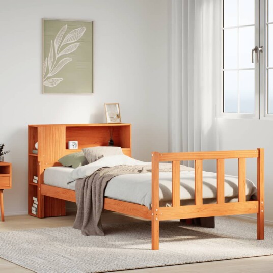 Seng med bokhylle uten madrass voksbrun 90x190 cm heltre 8721158609014