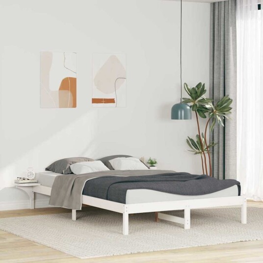 Sengestamme med Sidebord Hvit 140 x 220 cm Massiv furu