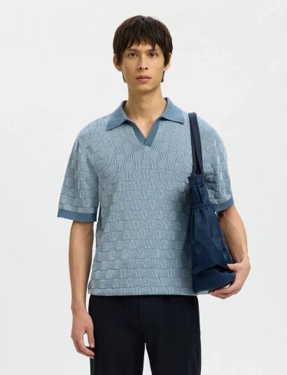 Selected Slhmilas Ss Knit Relaxed Color Open Polo   Blue   XL