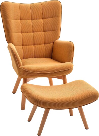 Lenestol med krakk høyrygg Wing Chair treben Tufted Design Corduroy Look Lounge Chair for Living Room Brun
