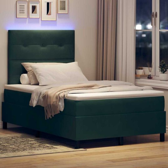 Kontinental Seng med Madrass & LED Mørkegrønn 120x190 cm Fløyel
